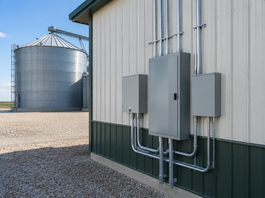 Electrical panels and conduit on an agricultural building near grain storage
